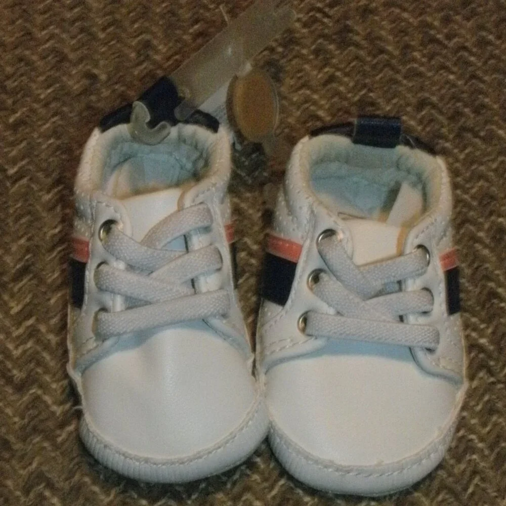 NWT Carters Baby White Sneakers Shoes with Blue & Orange Stripe Size NEWBORN NB